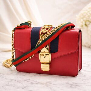 Authentic Gucci Sylvie Mini Red Leather Web Stripe Chain Crossbody Bag